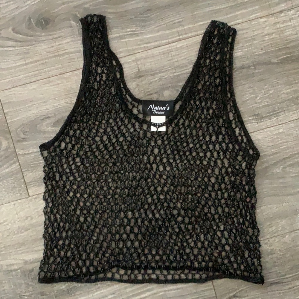One Size-Black Beaded Tank Top Overlay